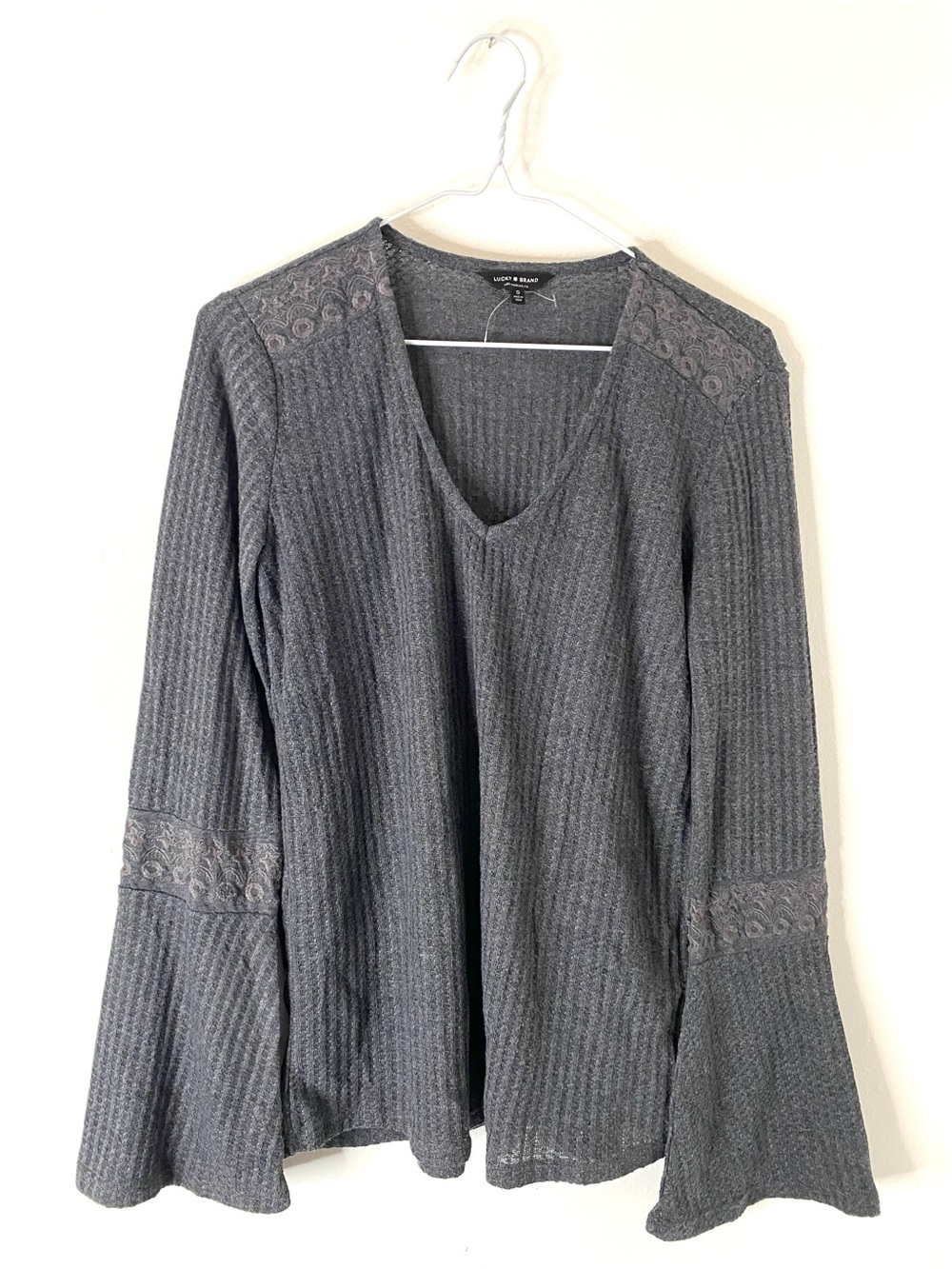 Lucky Brand Grey Embroidered Bell Sleeve Waffle Knit Boho Top NWOT
